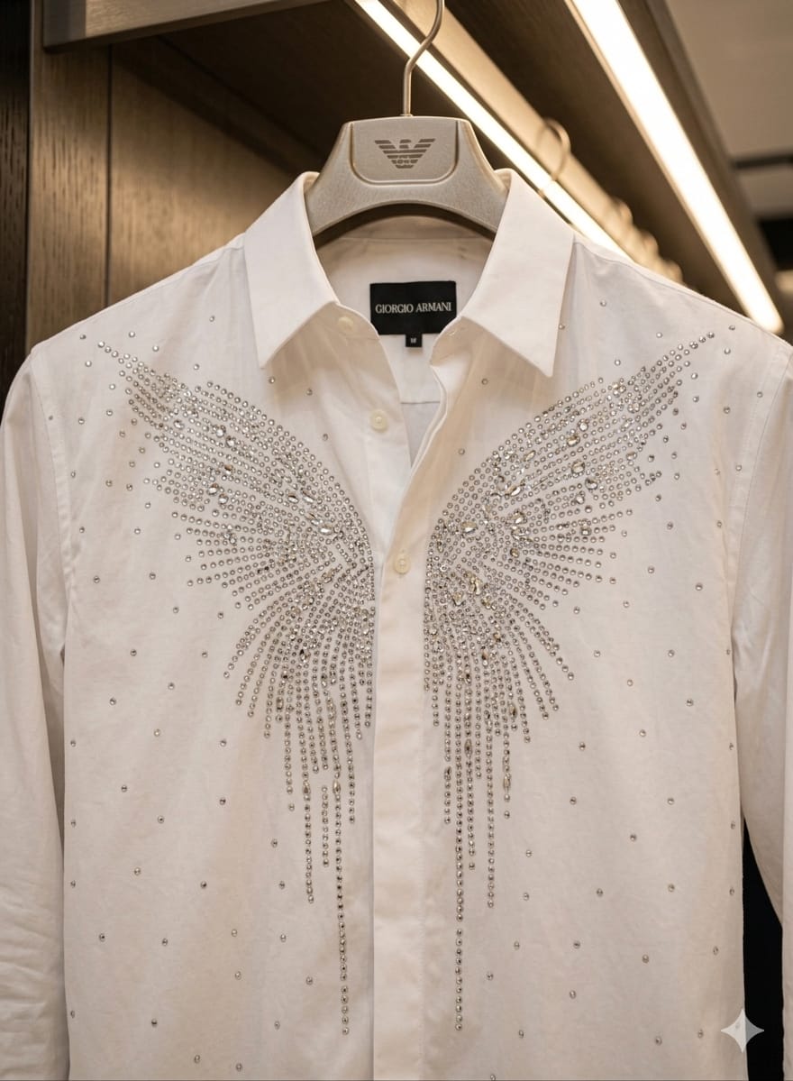 Men's Emporio Armani white regular fit luxury shirt with premium stone detailing
