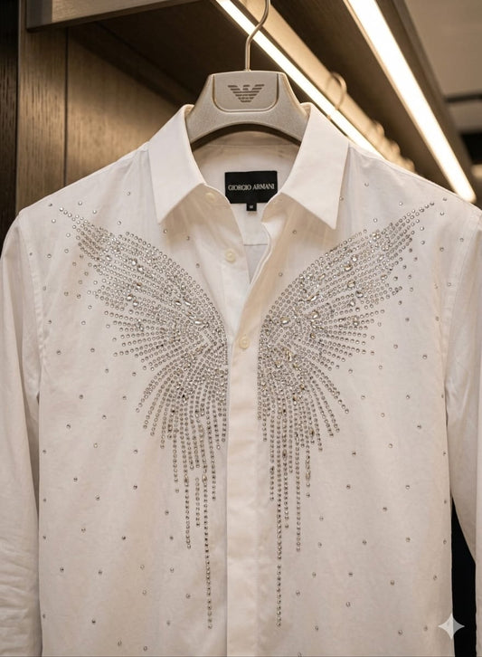 Men's Emporio Armani white regular fit luxury shirt with premium stone detailing
