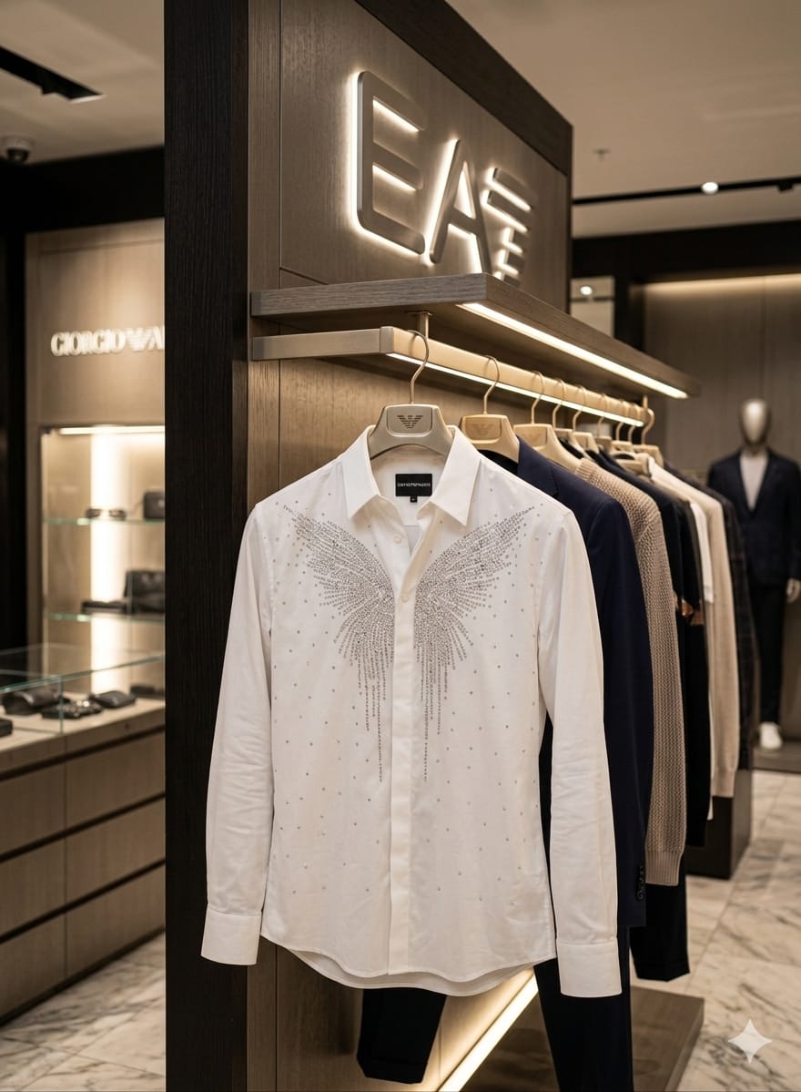 Front view of Emporio Armani white designer shirt in imported Japanese fabric
