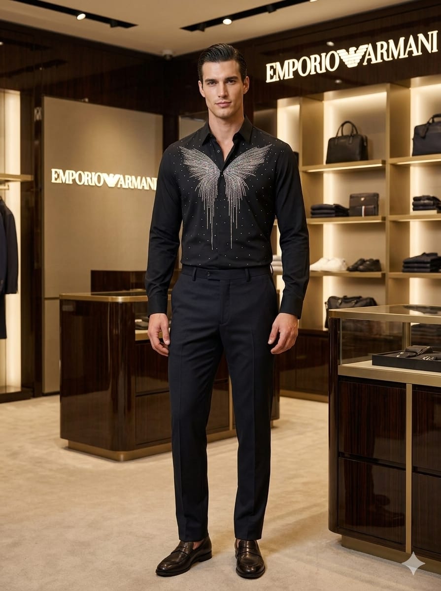 Men's Emporio Armani black regular fit luxury shirt with premium stone detailing
