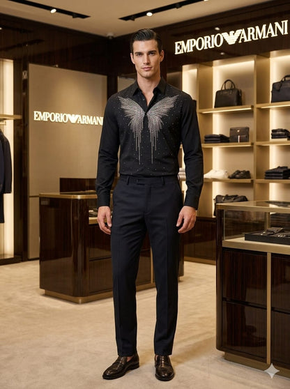Men's Emporio Armani black regular fit luxury shirt with premium stone detailing
