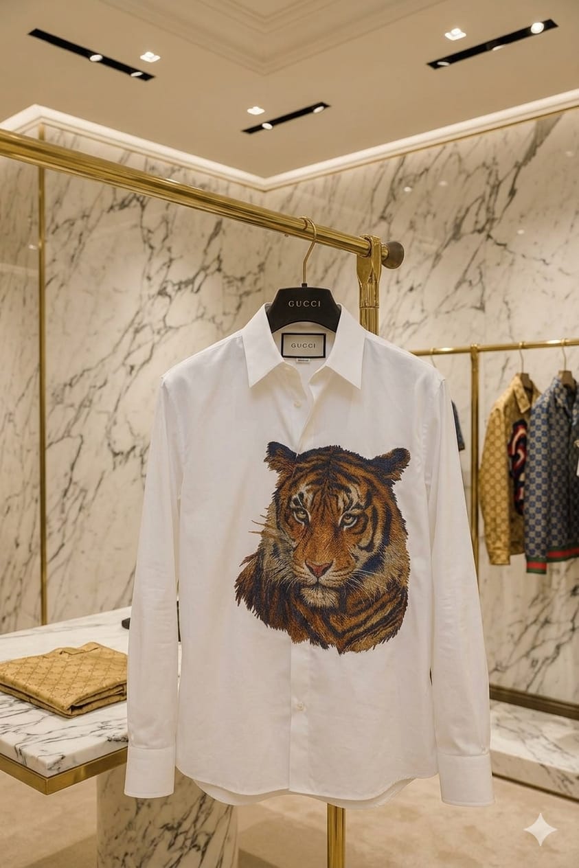 Front view of Gucci white designer shirt in imported Japanese fabric
