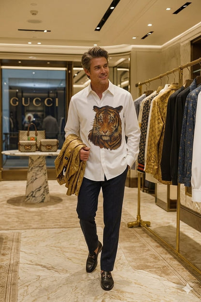 Men's Gucci white regular fit luxury shirt with premium stone detailing

