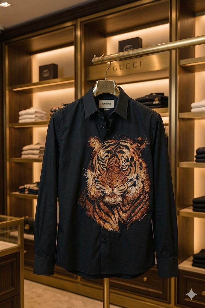Front view of Gucci black designer shirt in imported Japanese fabric
