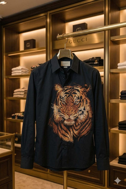 Front view of Gucci black designer shirt in imported Japanese fabric
