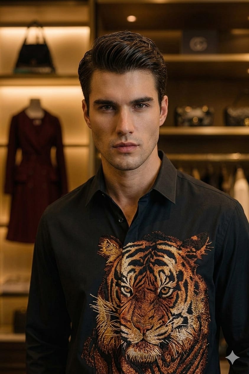 Gucci black premium Japanese fabric shirt with imported stone work for men
