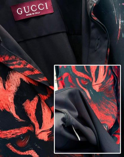 Gucci Inspired Men's Black Silk Shirt with Crimson Tiger Print FASHION MYST