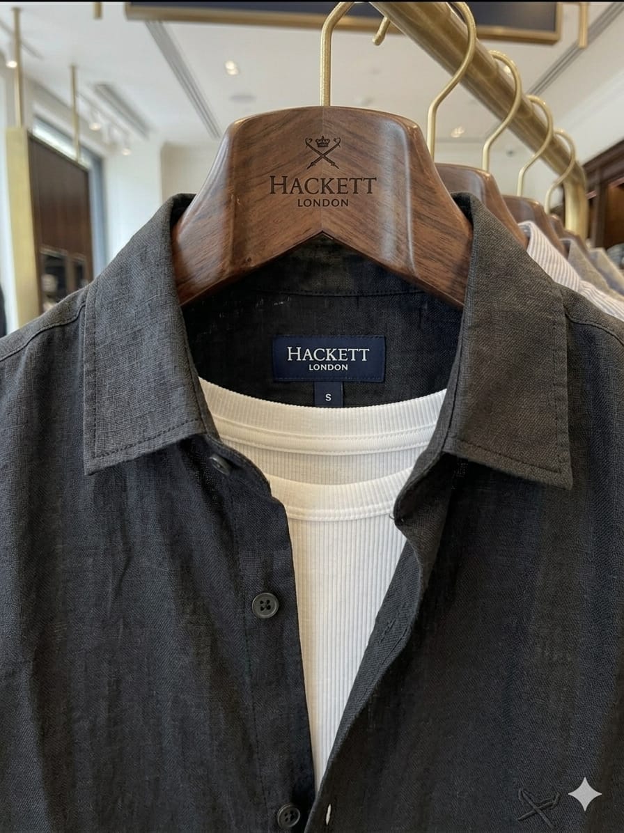 Front view of Hackett London black full sleeve linen shirt

