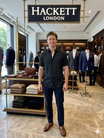 Hackett London black luxury linen shirt for office and casual wear
