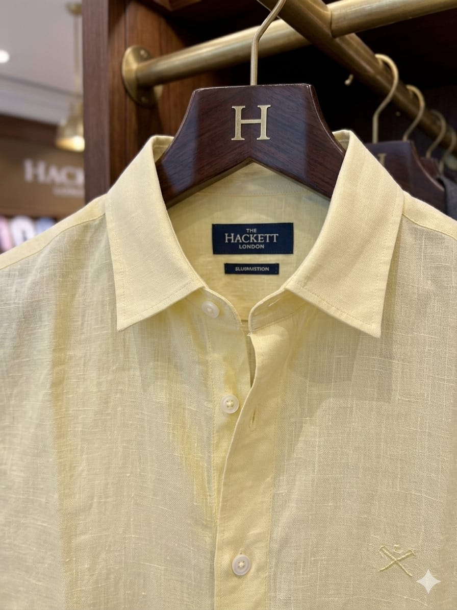 Hackett London yellow breathable linen shirt for summer styling
