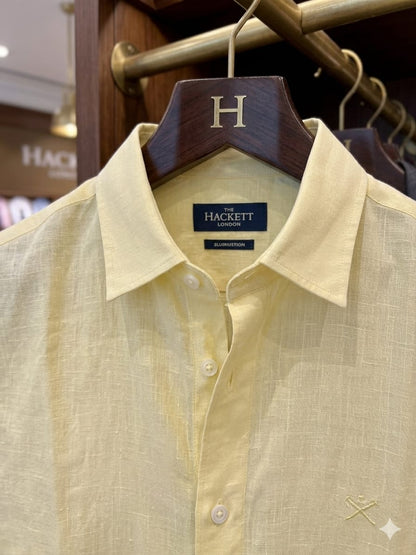 Hackett London yellow breathable linen shirt for summer styling
