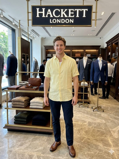 Front view of Hackett London yellow full sleeve linen shirt
