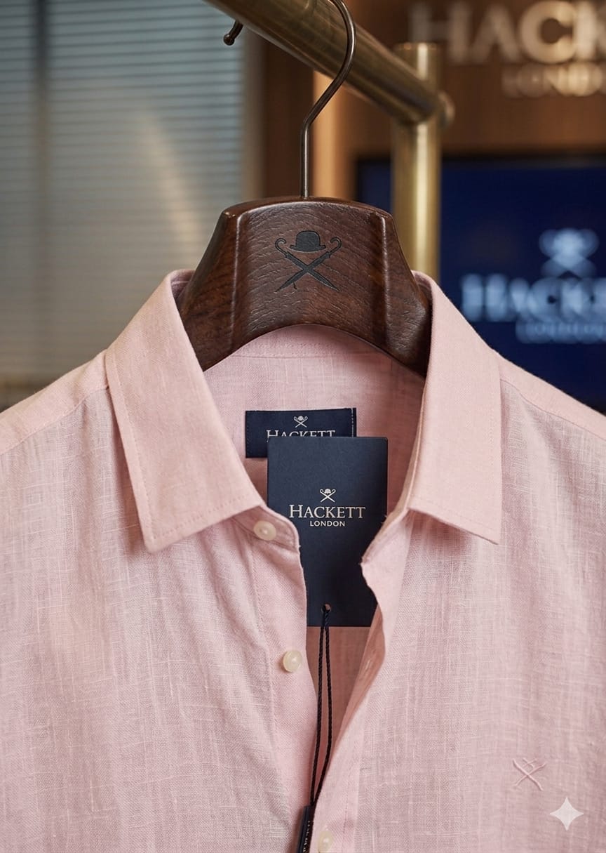 Men's Hackett London pink premium linen casual shirt
