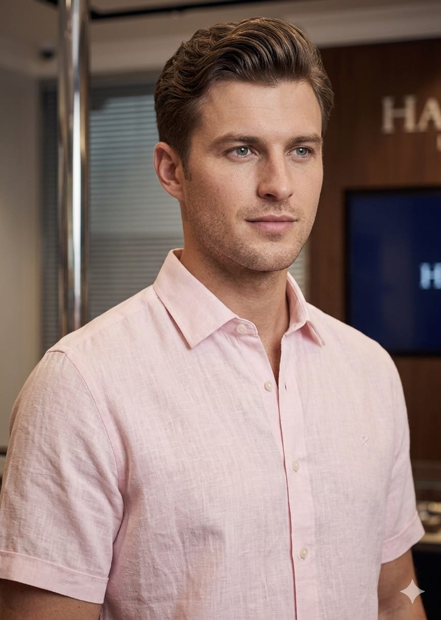Front view of Hackett London pink Raymond linen shirt
