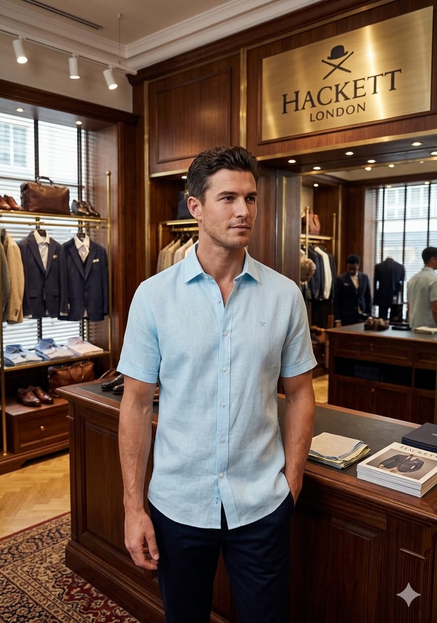 Front view of Hackett London sky blue premium linen shirt
