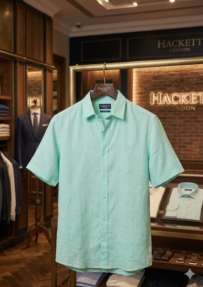 Front view of Hackett London sea green full sleeve linen shirt
