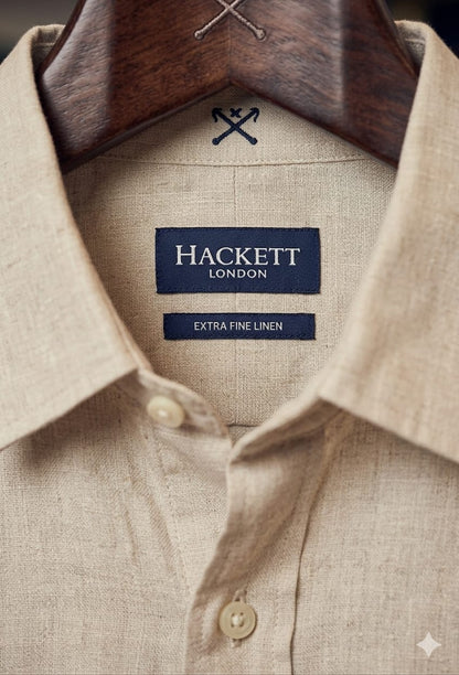Hackett London beige pure linen shirt for men in plus size regular fit
