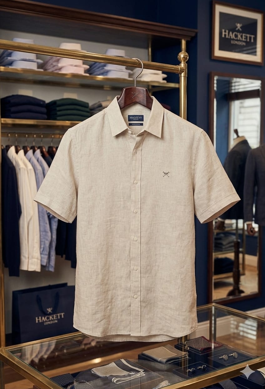 Hackett London beige premium regular fit linen shirt for office and casual wear
