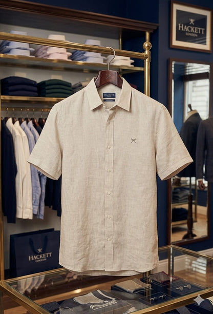 Hackett London beige premium regular fit linen shirt for office and casual wear

