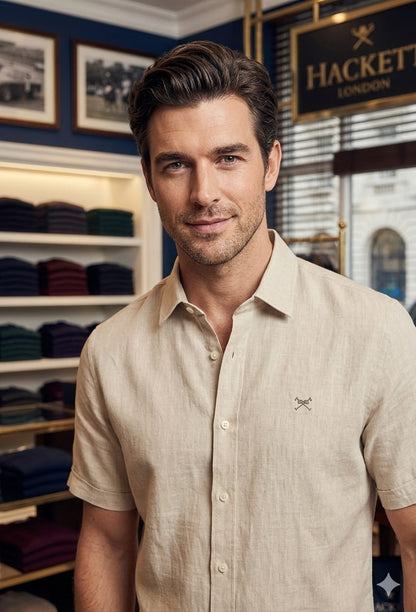 Front view of Hackett London beige breathable linen shirt for summer wear
