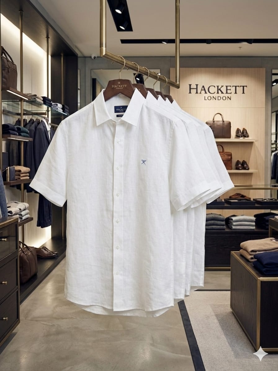 Front view of Hackett London white premium linen shirt for men
