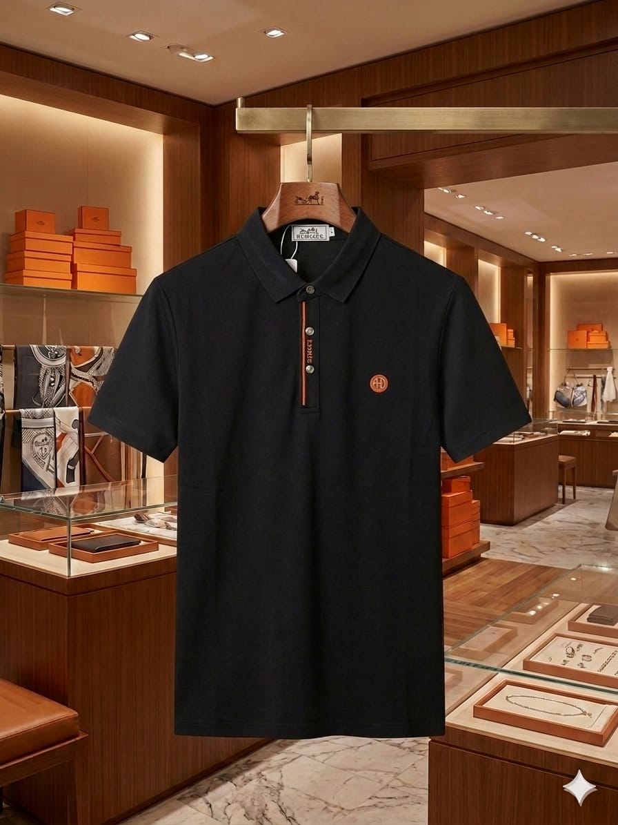 Men's Hermès black regular fit polo t-shirt with embroidered logo
