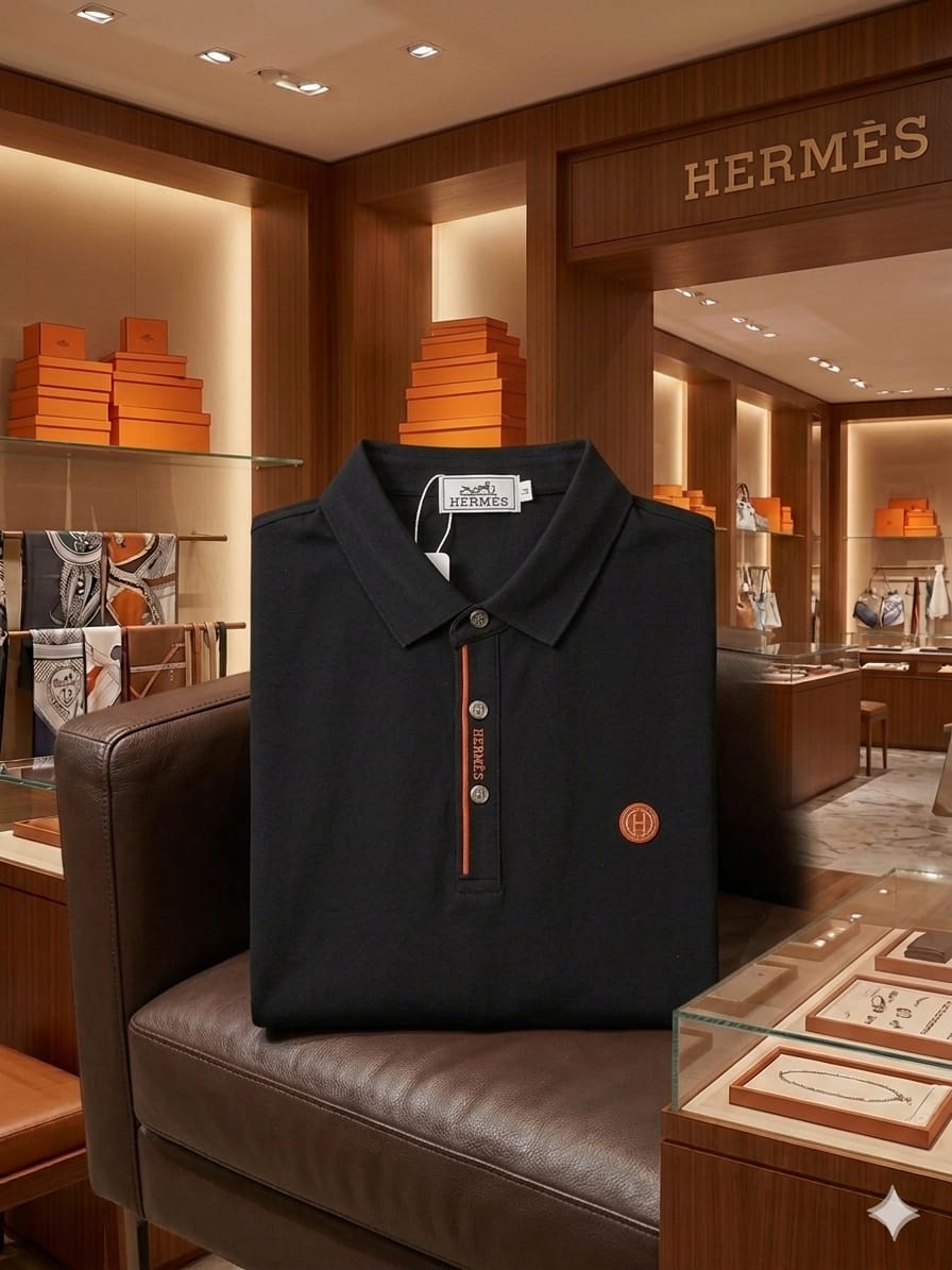 Front view of Hermès black stitchless polo t-shirt for men
