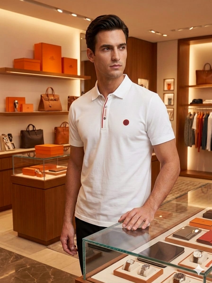 Men's Hermès white premium polo t-shirt with classic polo collar
