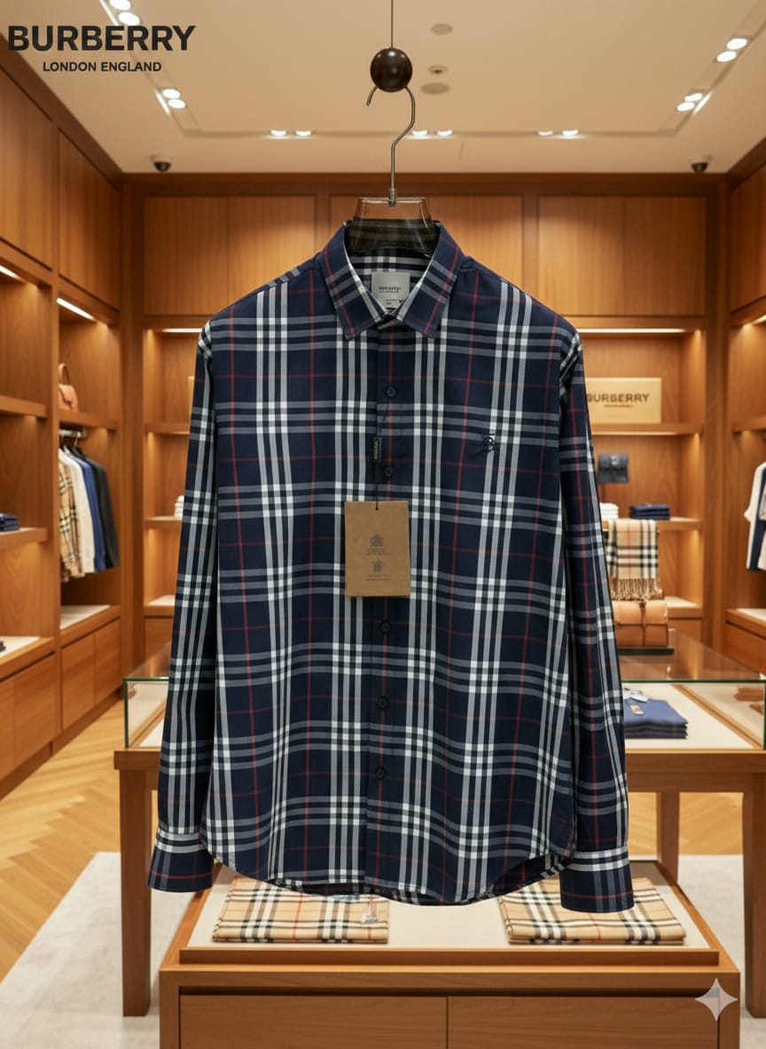 Burberry navy premium Oxford cotton shirt for men with embroidered logo
