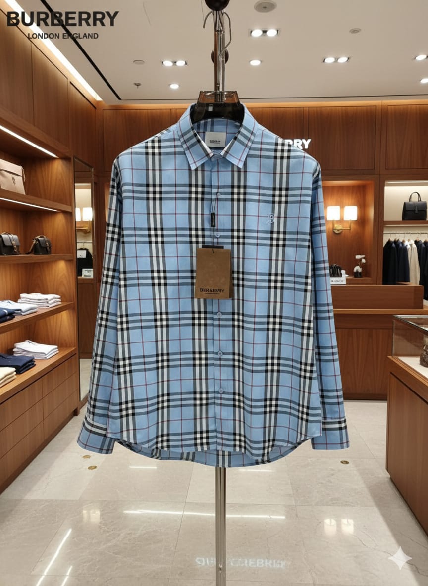 Burberry sky blue premium Oxford cotton shirt for men with embroidered logo
