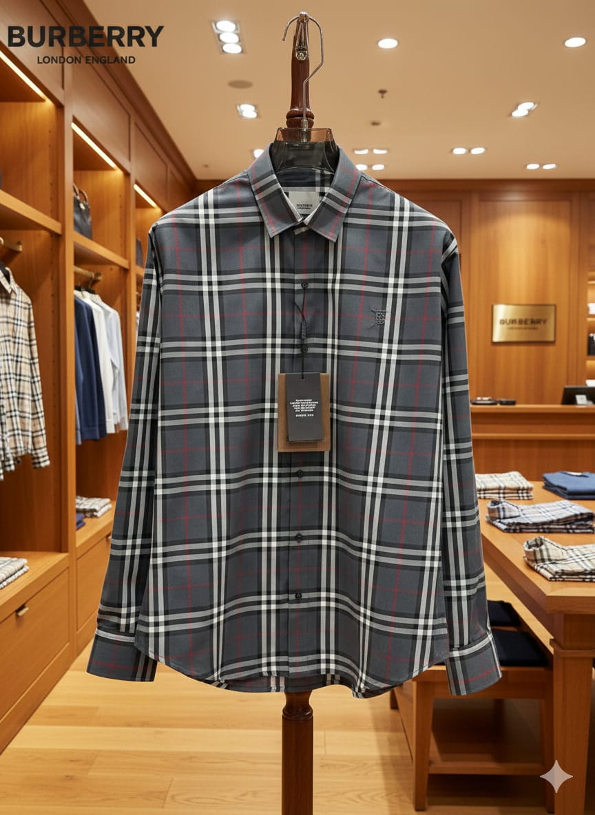 Burberry grey premium Oxford cotton shirt for men with embroidered logo
