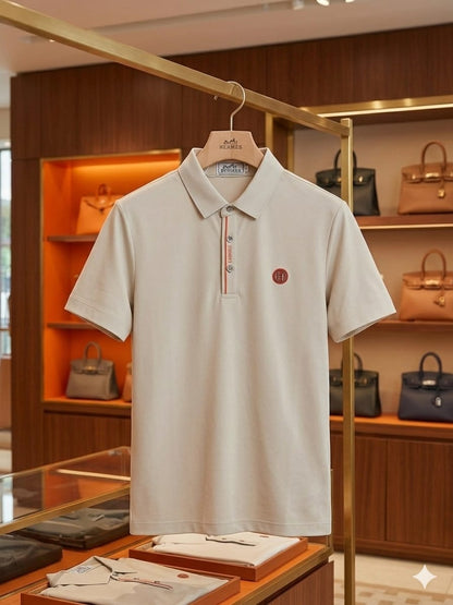 Men's beige Hermès premium polo t-shirt with classic collar and regular fit
