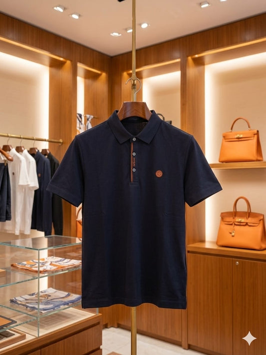 Front view of Hermès navy blue regular fit polo t-shirt
