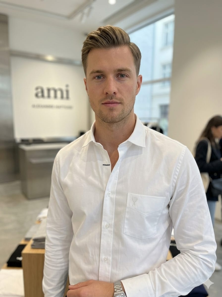AMI Paris white premium cotton shirt for men with embossed logo pocket
