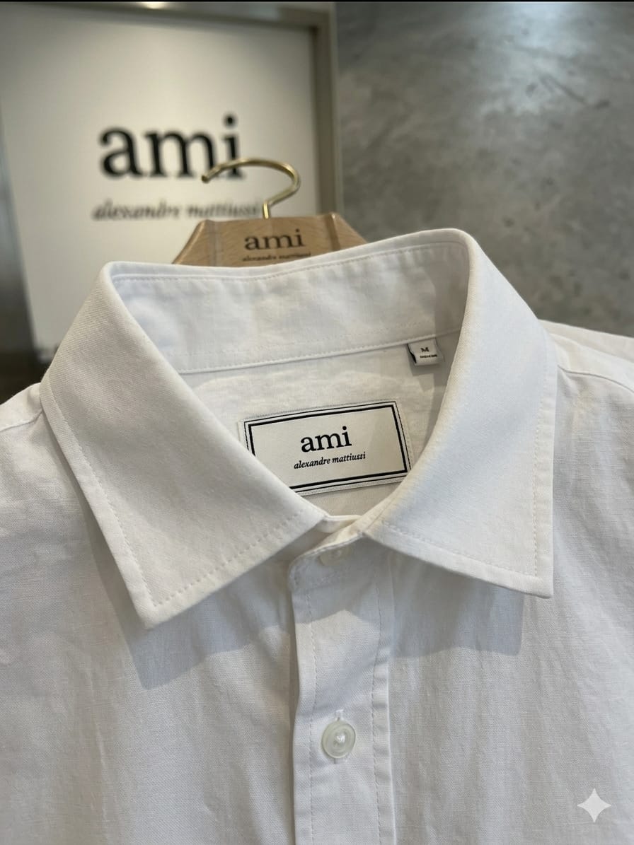 Men's AMI Paris white regular fit cotton shirt with front pocket

