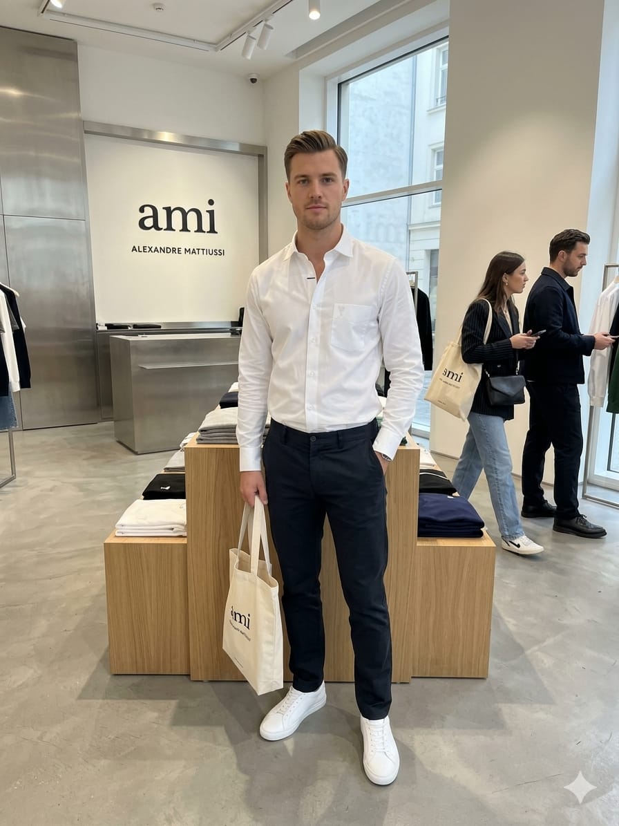 Front view of AMI Paris white premium casual shirt for men
