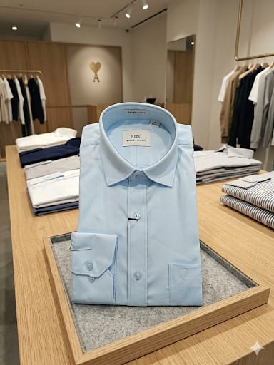 AMI Paris sky blue premium cotton shirt for men with embossed logo pocket
