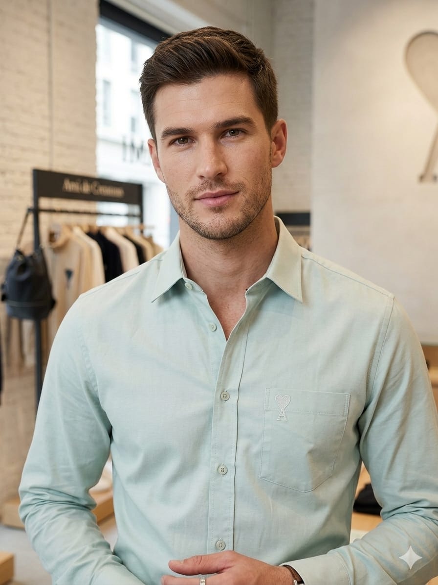 AMI Paris mint green premium cotton shirt for men with embossed logo pocket
