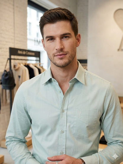 AMI Paris mint green premium cotton shirt for men with embossed logo pocket
