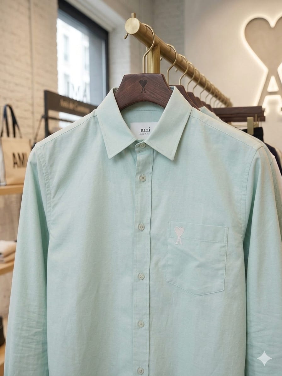 Men's AMI Paris mint green regular fit cotton shirt with front pocket
