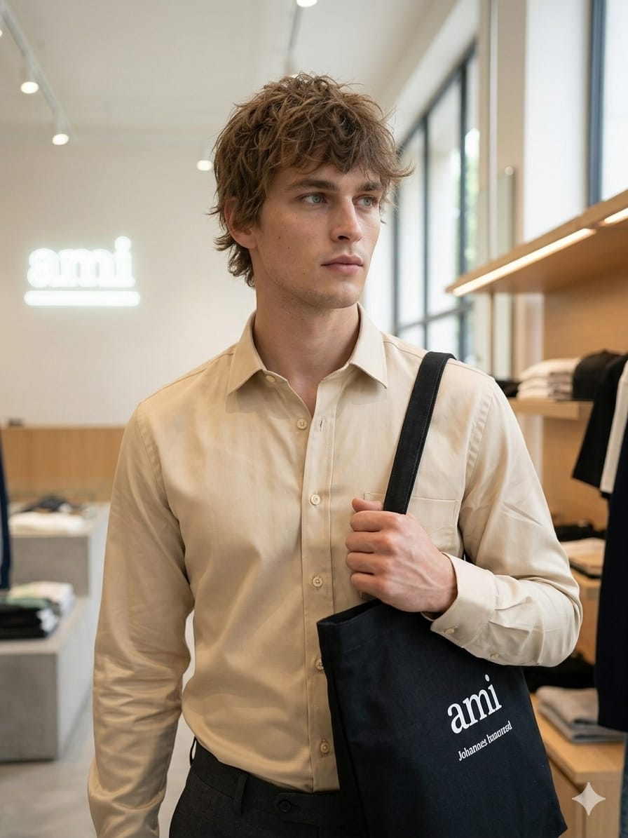 Front view of AMI Paris beige premium casual shirt for men
