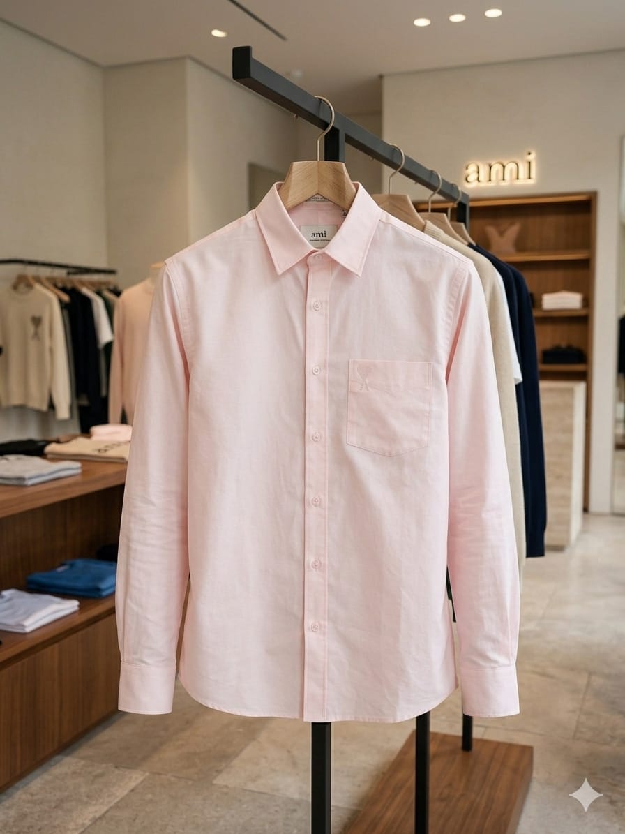 Men's AMI Paris light pink regular fit cotton shirt with front pocket
