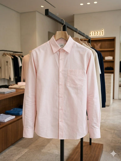 Men's AMI Paris light pink regular fit cotton shirt with front pocket
