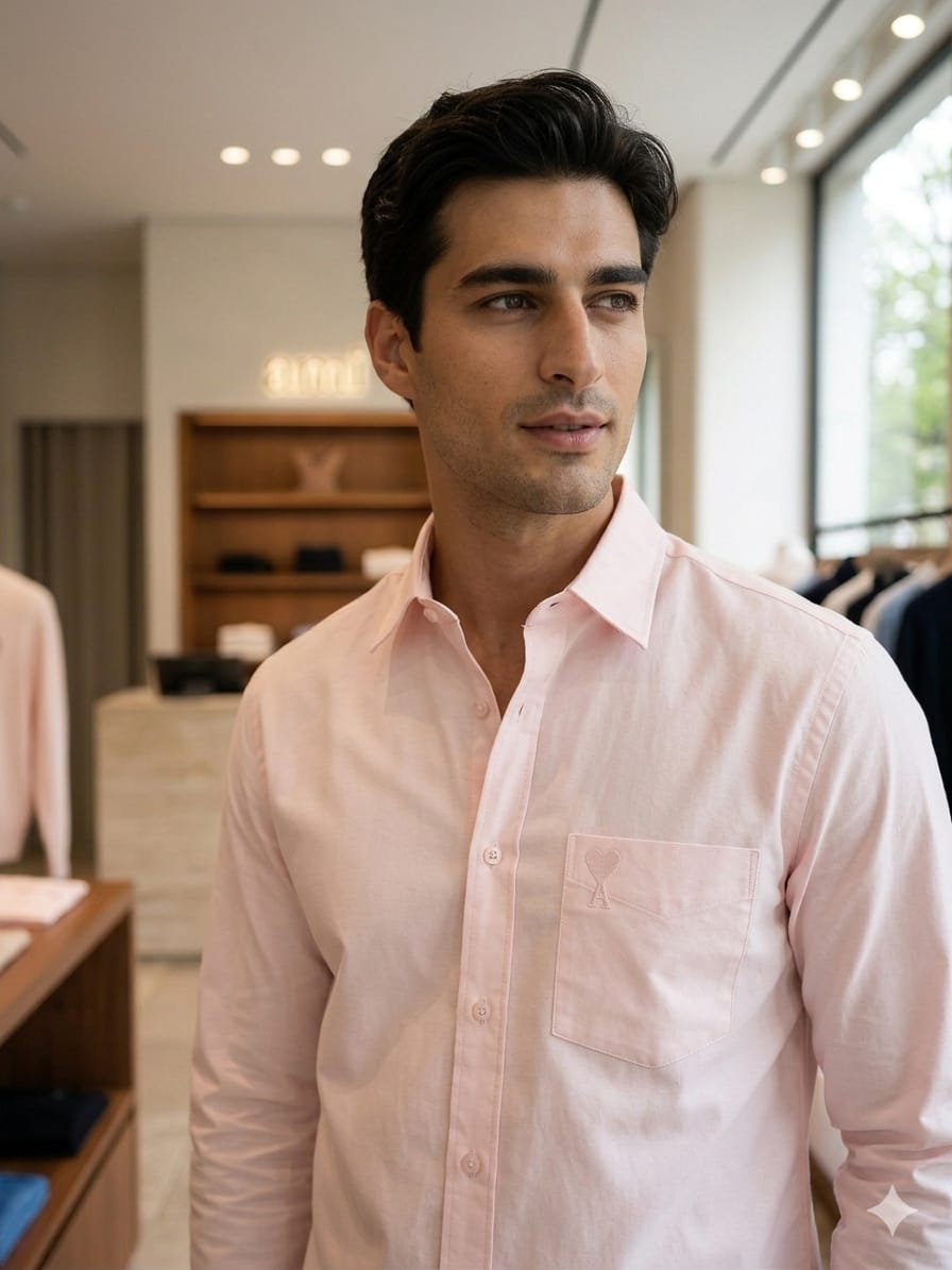 Front view of AMI Paris light pink premium casual shirt for men
