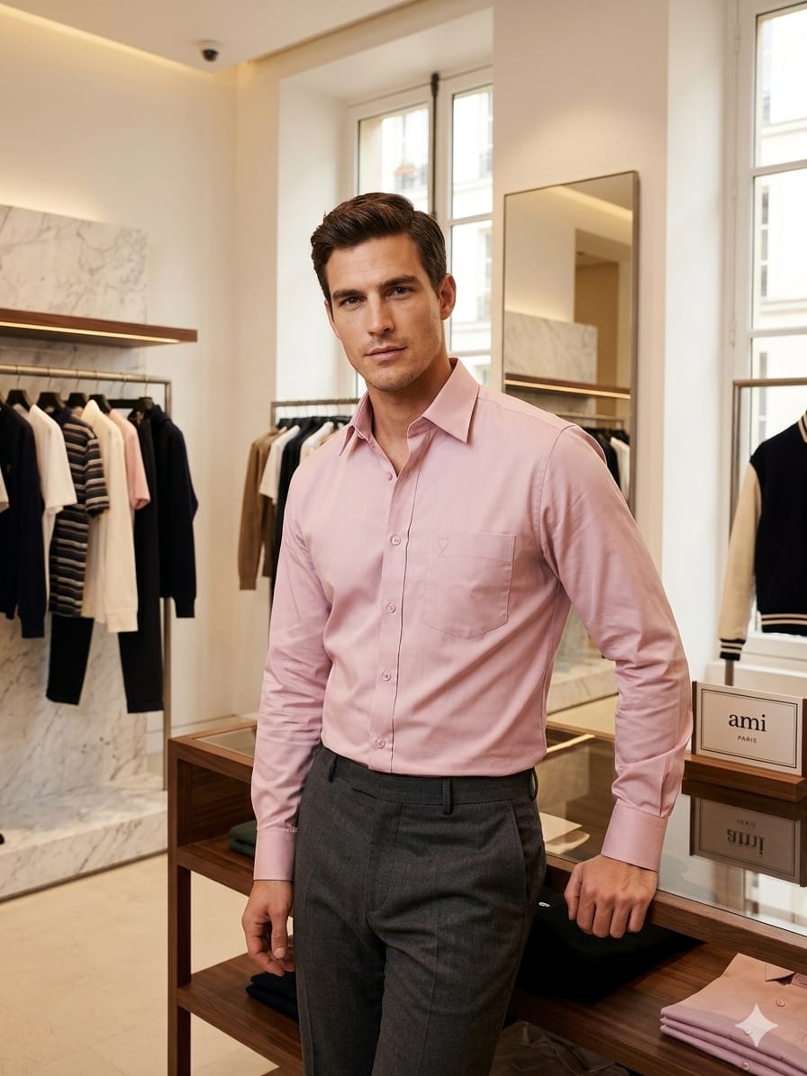 AMI Paris dark pink premium cotton shirt for men with embossed logo pocket

