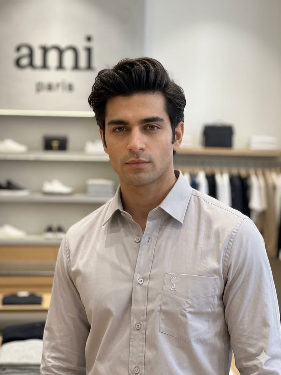 AMI Paris grey premium cotton shirt for men with embossed logo pocket
