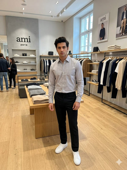 Men's AMI Paris grey regular fit cotton shirt with front pocket
