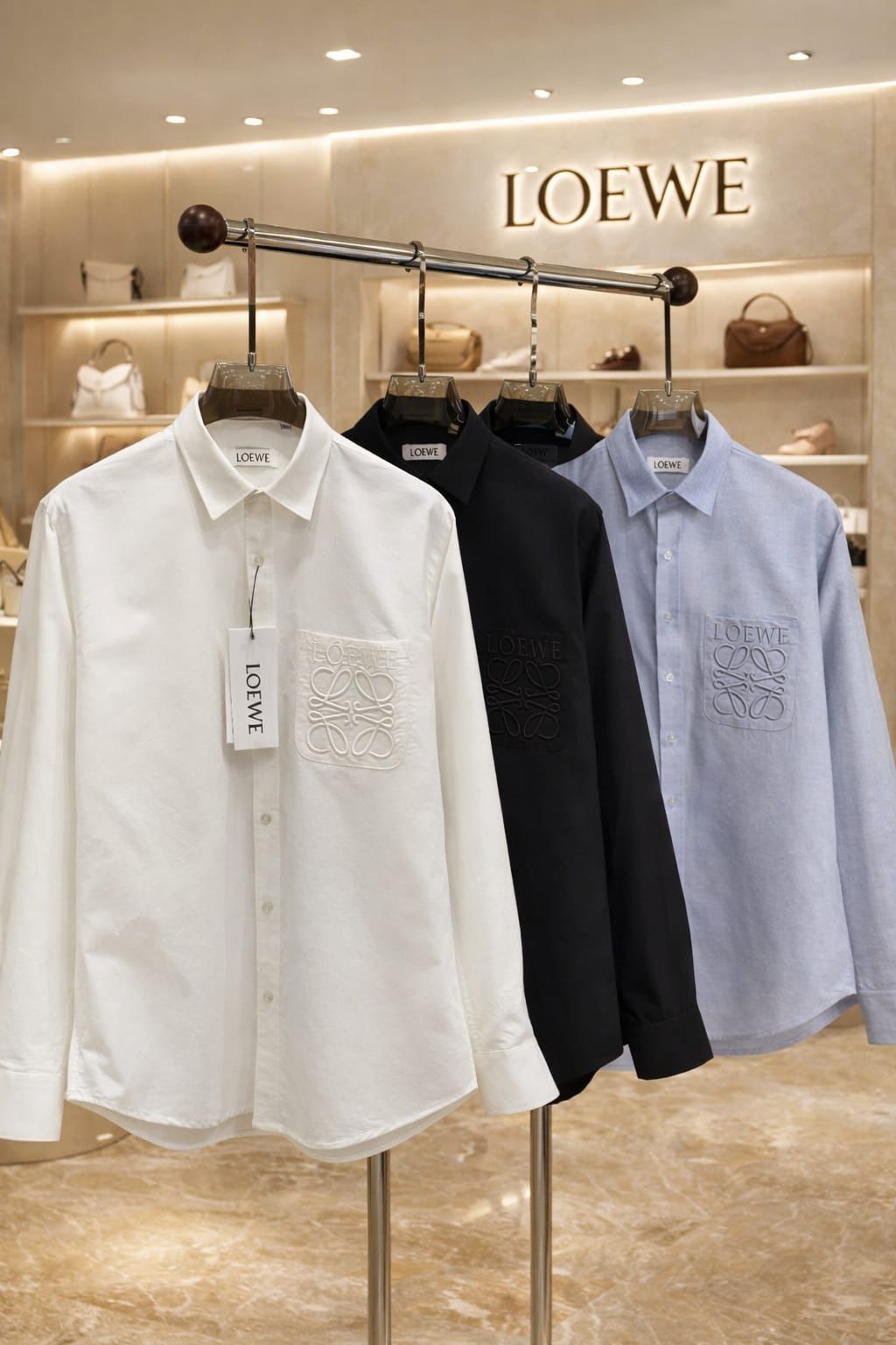 Men's Loewe regular fit embroidered logo Oxford cotton shirt available in white, black and grey
