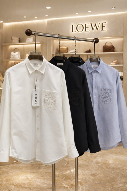 Men's Loewe regular fit embroidered logo Oxford cotton shirt available in white, black and grey
