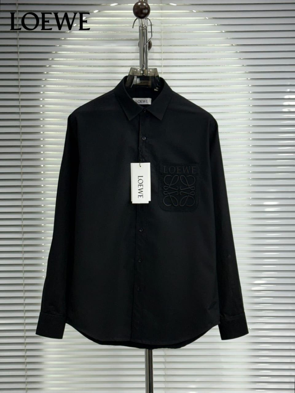 Loewe black premium Oxford cotton shirt for men with embroidered logo
